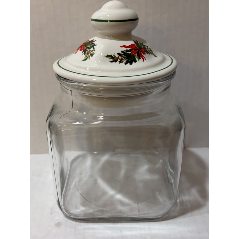 Pfaltzgraff Square Clear Glass Canister Jar w/ White Ceramic Holiday Lid